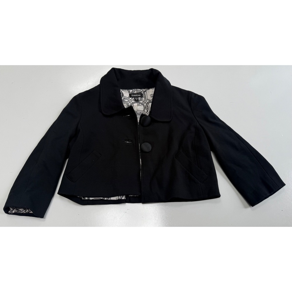 Y2K Bebe Black Cropped Jacket Size 10 Button Front Swing Back Made in USA Blazer